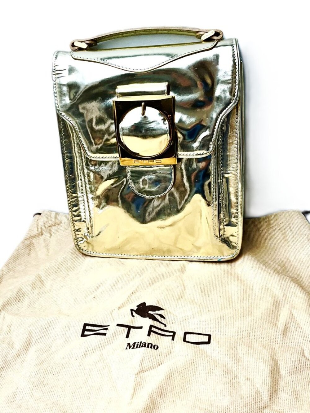 Vintage ETRO Milano Gold Metallic Leather Bag Statement Buckle Flap Italy